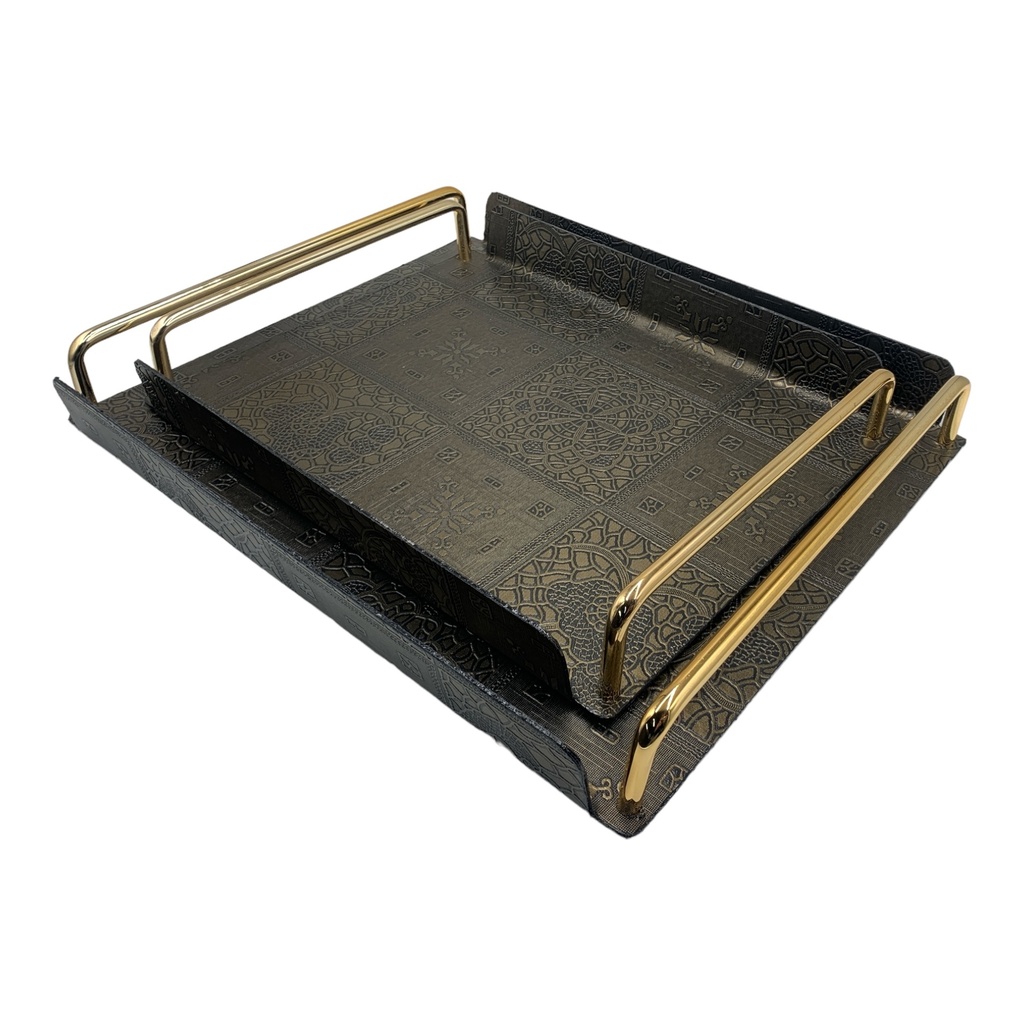 Tray 2Pc Metal Bronze Ethnic Pattern with Handle RHW-3113