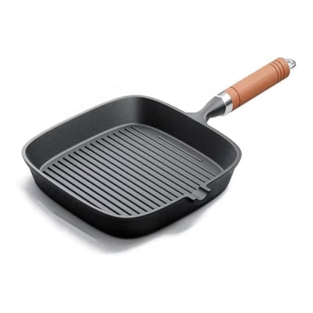 Griller Pan 22.5cm Square Cast Iron with Wooden Handle
