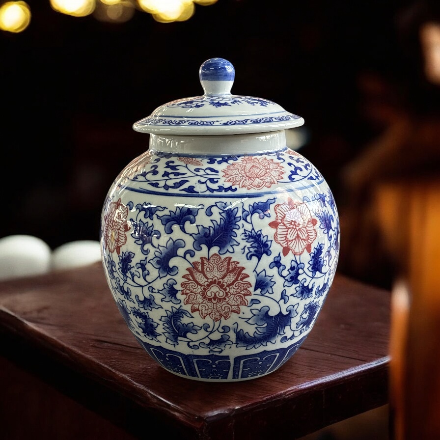 Jar 30x23cm Decor Ceramic With Lid Blue & Red Ginger CH9333-16