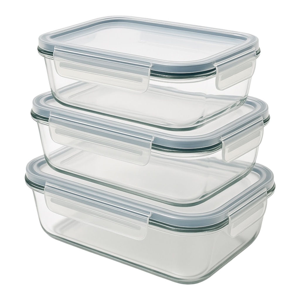 Glass Lunch Box 1520/1040/640ml 3pc Set Air Tight Lid CH1064