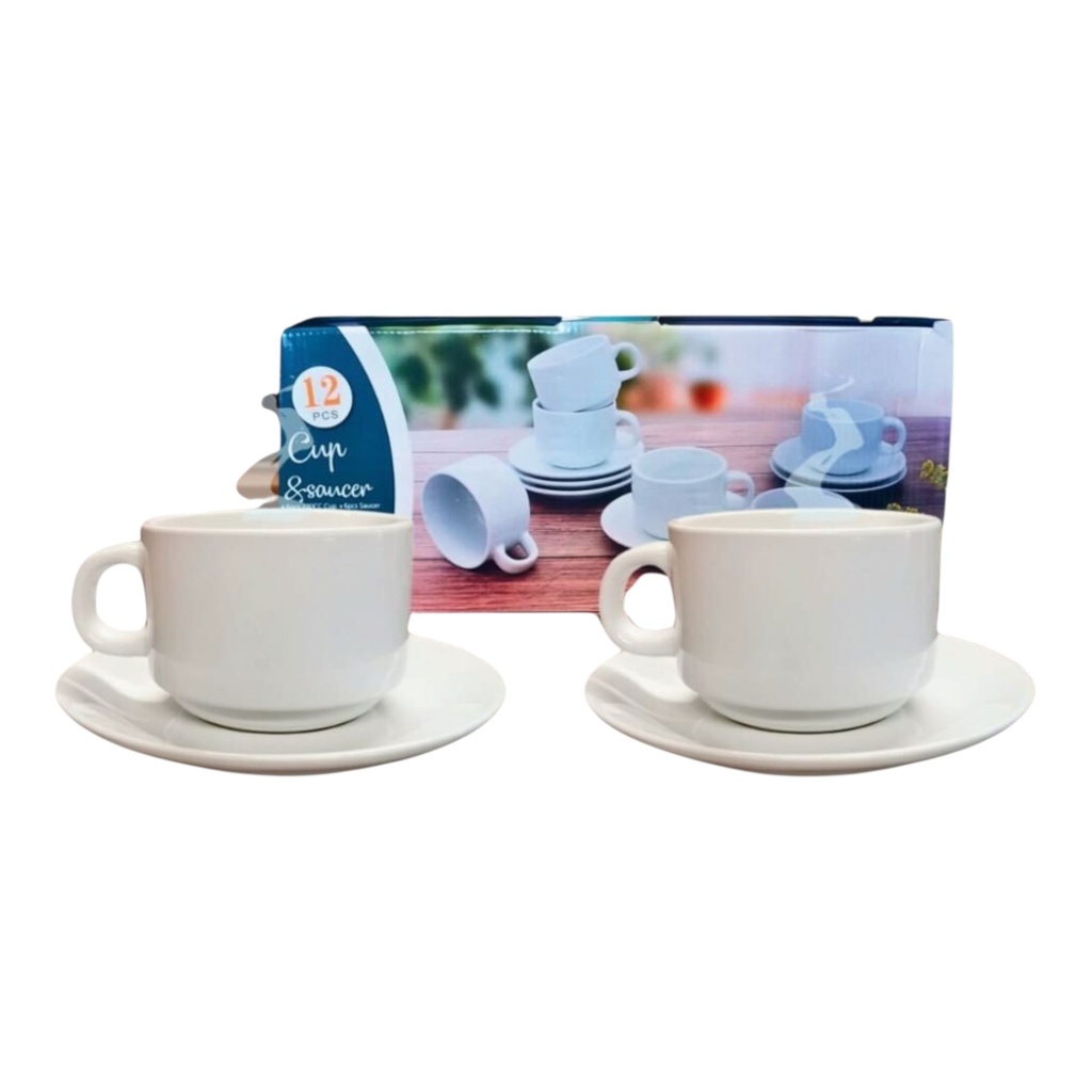Cup & Saucer Set 12pc 220ml White Porcelain Stacking - HSM-BD-2