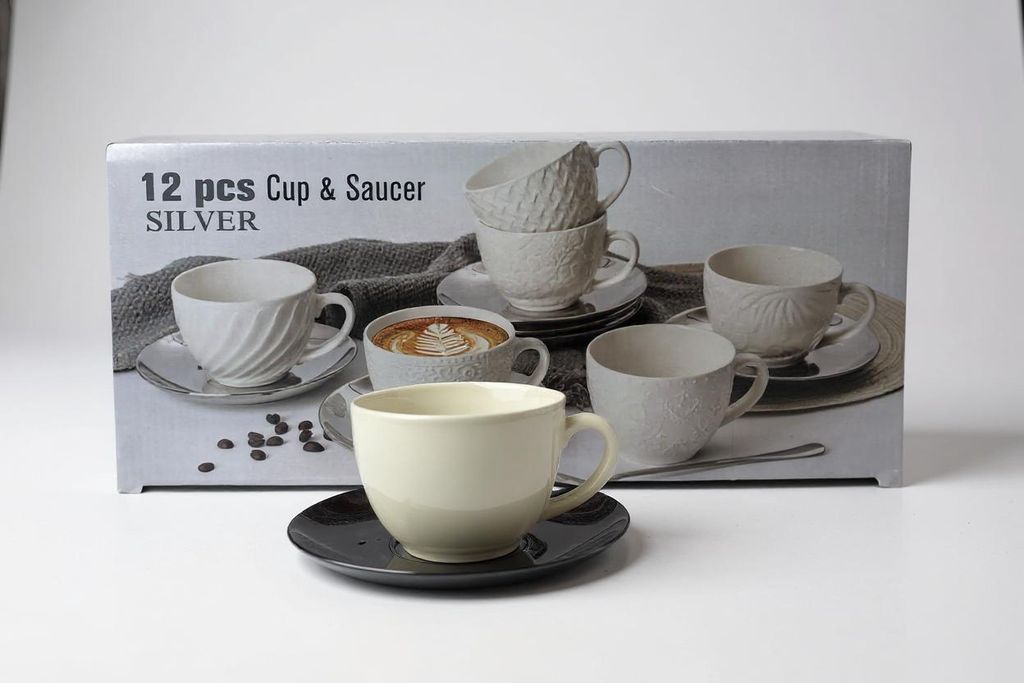 Cup And Saucer 12Pc Set White-Silver DY-1001