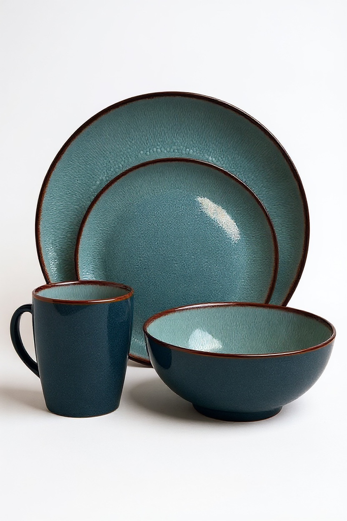 Dinner Set 16pc Stoneware Blue with Brown Rim Reactive - RH