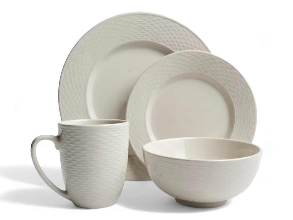 Dinner Set 16pc Stoneware White Embossed Border 001- RH 