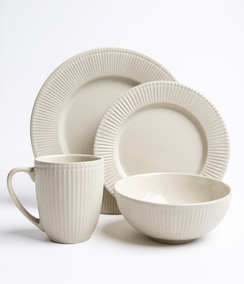 Dinner Set 16pc Stoneware White Embossed Border 003- RH