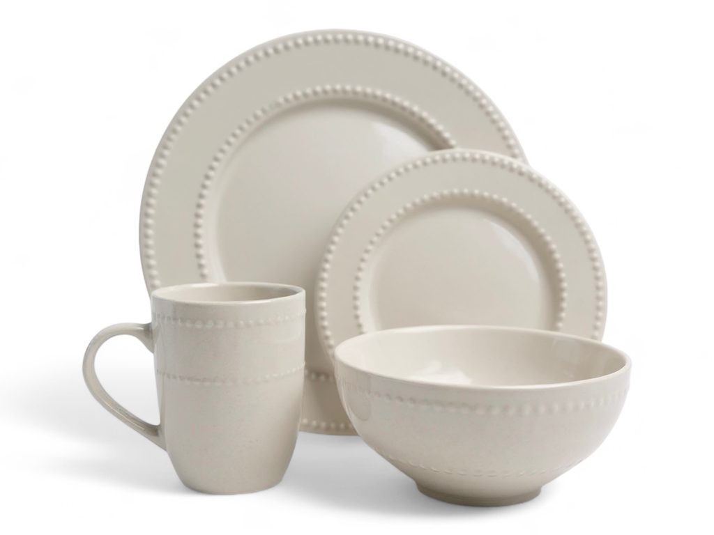 Dinner Set 16pc Stoneware White Dotted Border 002- RH