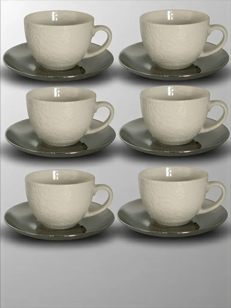 Cup & Saucer Set 12pc 250ml White With Silver Saucer -  DY-1001 
