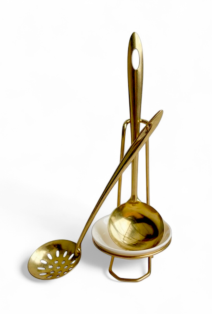 Spoon Rest 20x10cm Gold with Ladle & Skimmer 