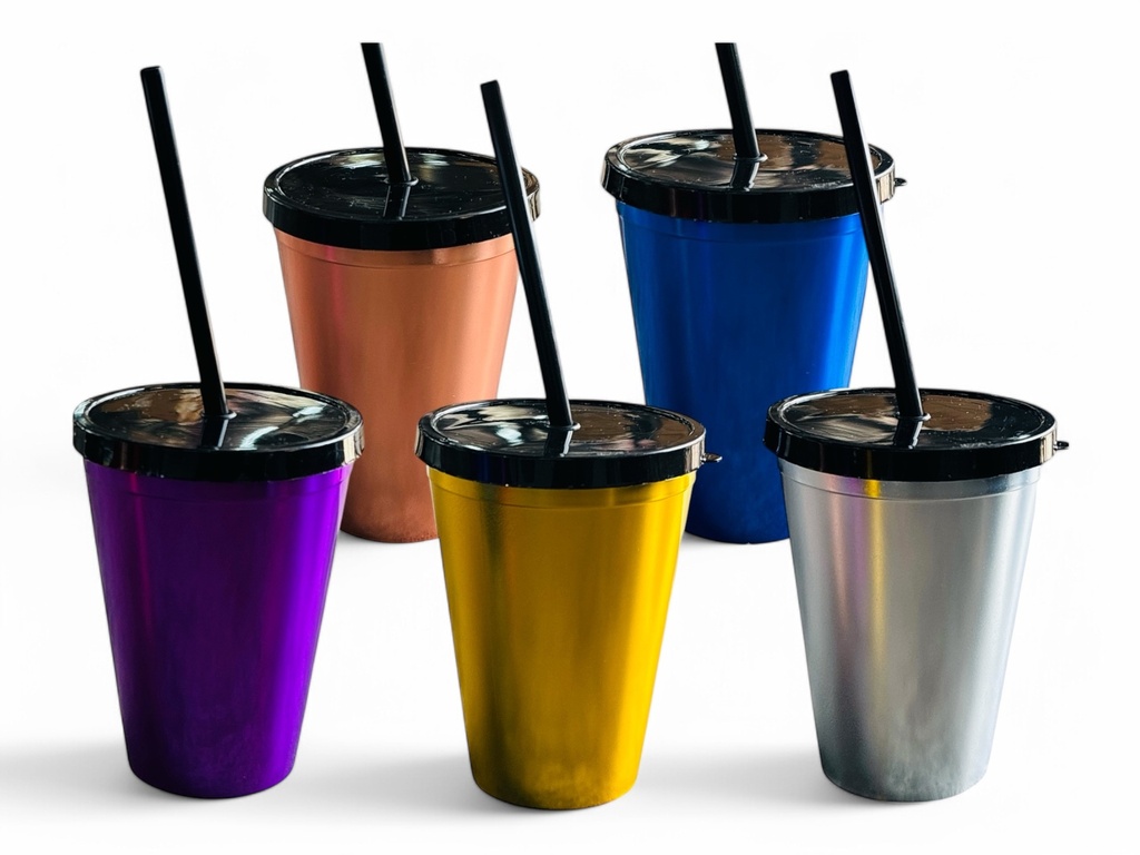 Plastic Cup 400ml Assorted Colours With Straw -187
