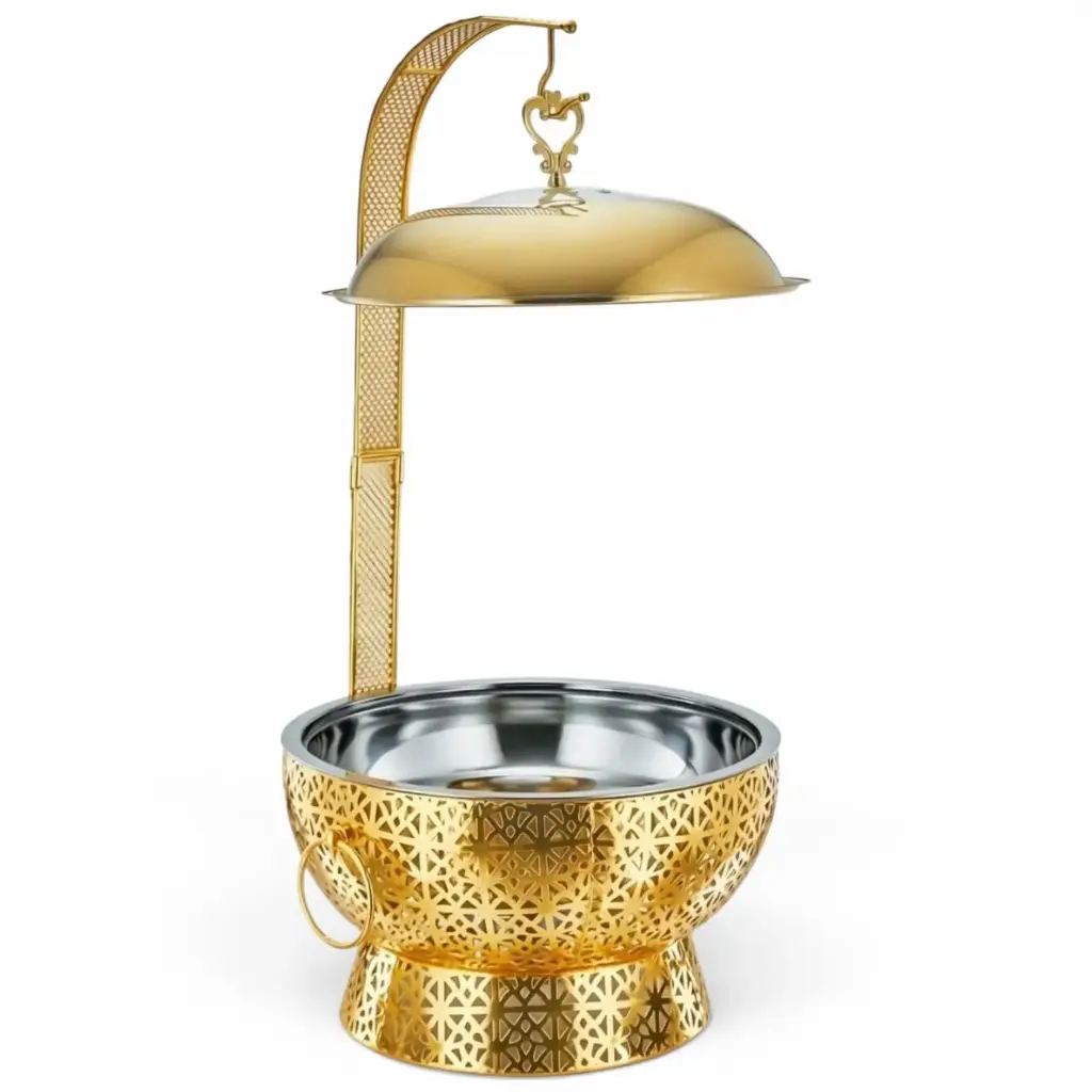 Chafing Dish 8lt Round Gold with Lid Laser Cut Pattern 