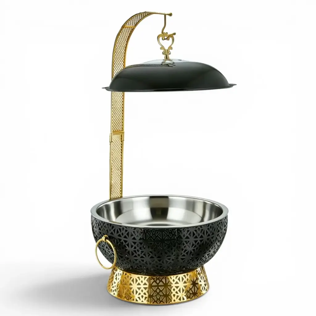 Chafing Dish 8lt Round Black & Gold with Lid Laser Cut Pattern 