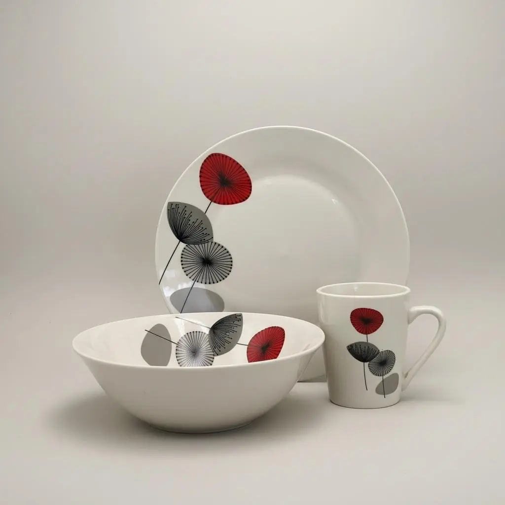 Dinner Set 12pc Stoneware White Printed DS-12-G-7