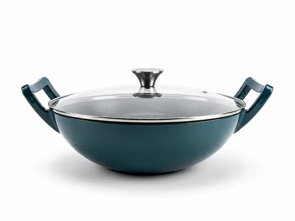 Wok 32cm (32x9cm) Cast Iron with Glass Lid Turquoise