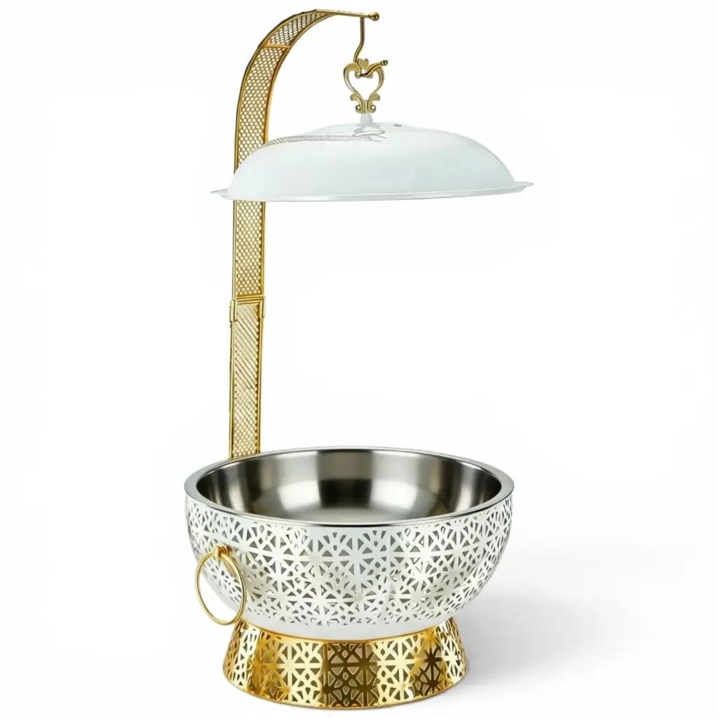 Chafing Dish 8lt Round White & Gold with Lid Laser Cut Pattern 