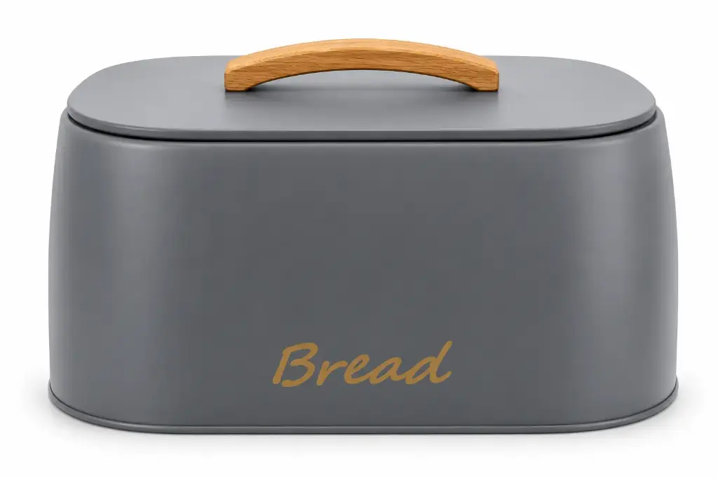 Bread Bin with Rubber Wood Handle – Grey (33.5W x 23.5D x 18.3H cm)