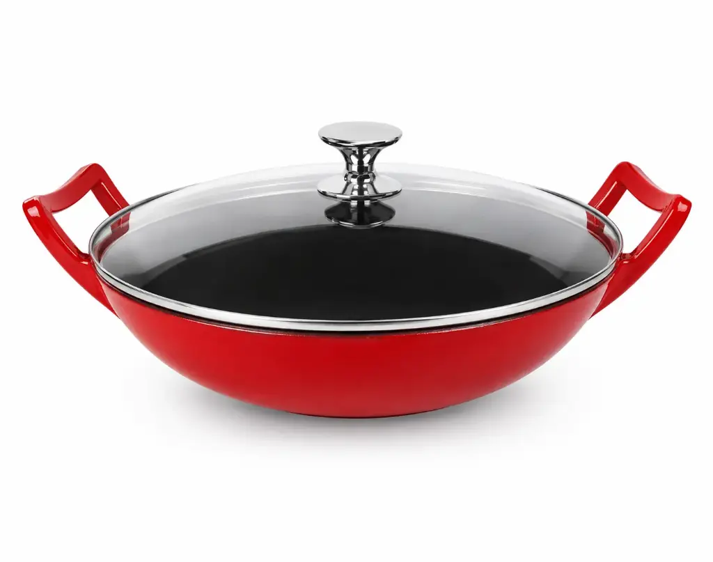 Wok 32cm (32x9cm) Cast Iron with Glass Lid - Red