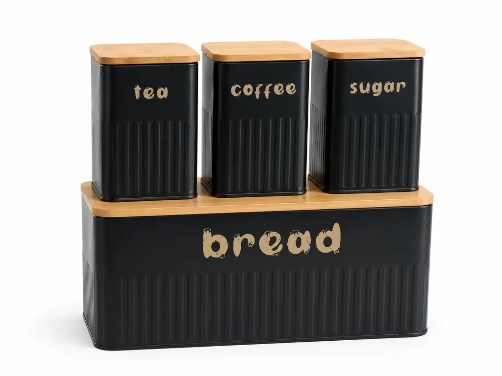 Bread Bin & Canister 4pc Set Black Metal with Bamboo Lids - Classic