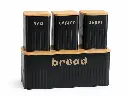 Bread Bin & Canister 4pc Set Black Metal with Bamboo Lids - Classic
