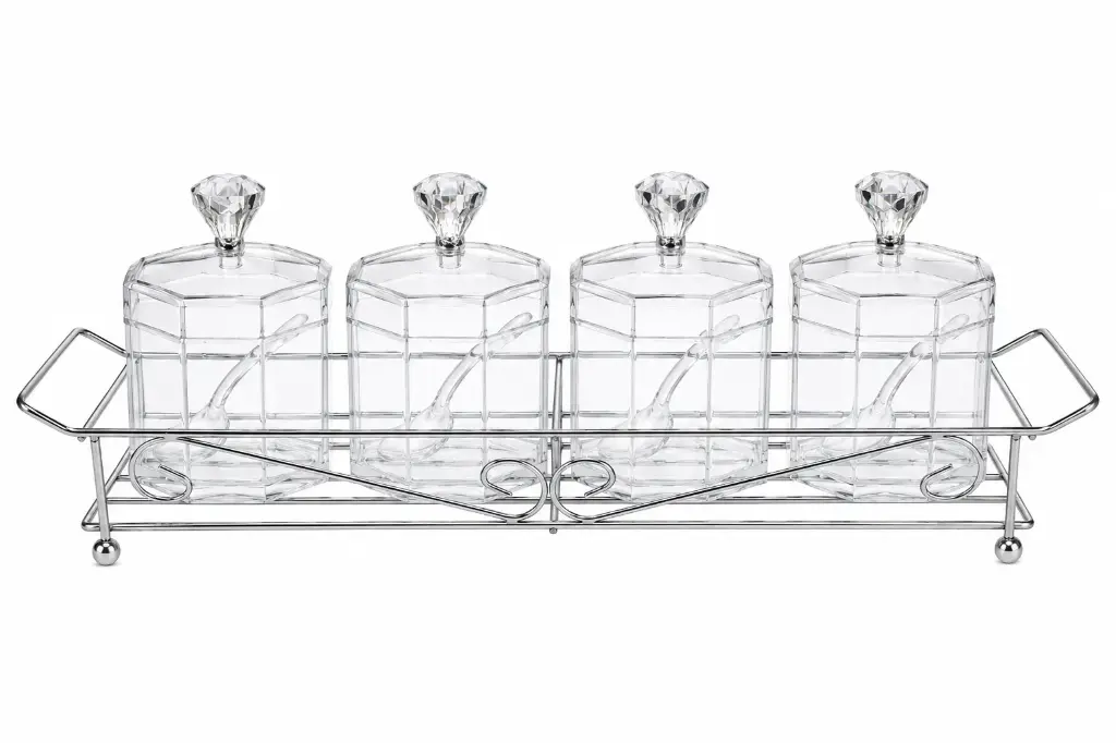 Condiment Jar 4pc Set Acrylic Hexagonal Jars with Chrome Stand 