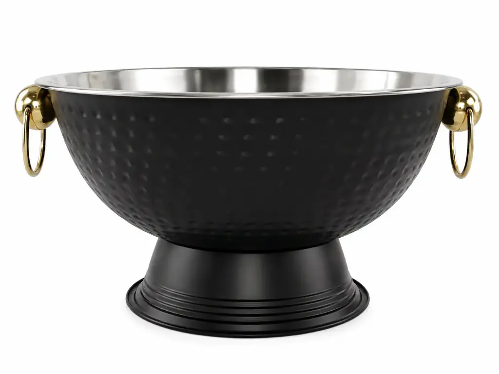 Punch / Ice Bowl 40x23cm Hammered Stainless Steel Footed with Gold Ring Handles - Black 
