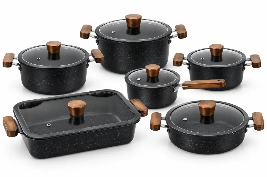 Pot Set 10pc Aluminium Black Speckeled with Glass Lids and Brown Handles 