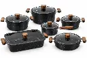 Pot Set 10pc Aluminium Black Speckeled with Glass Lids and Brown Handles 