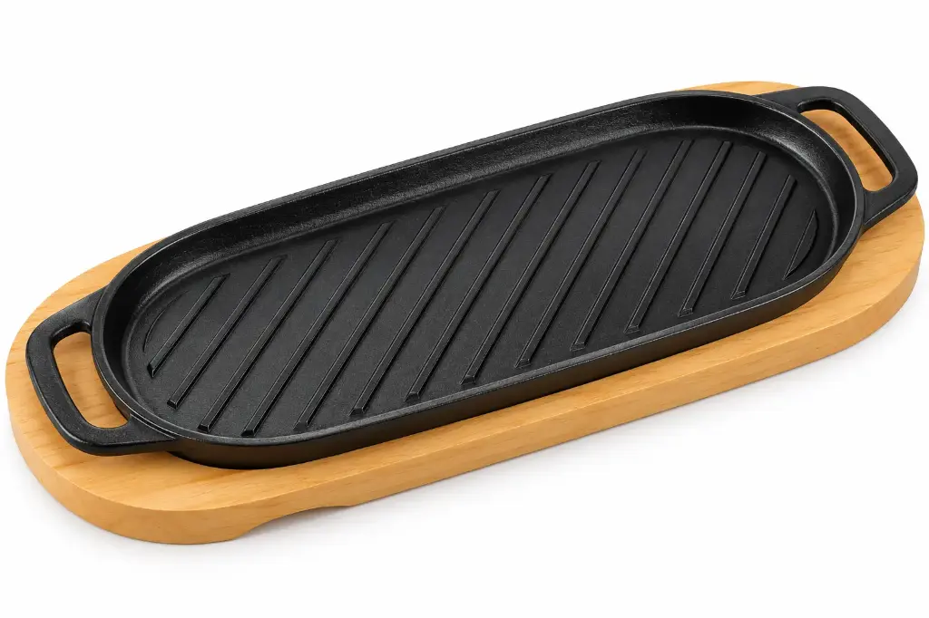 Sizzler Plate 42x16.5x2.5cm Oval with Handles Cast Iron with Wooden Board