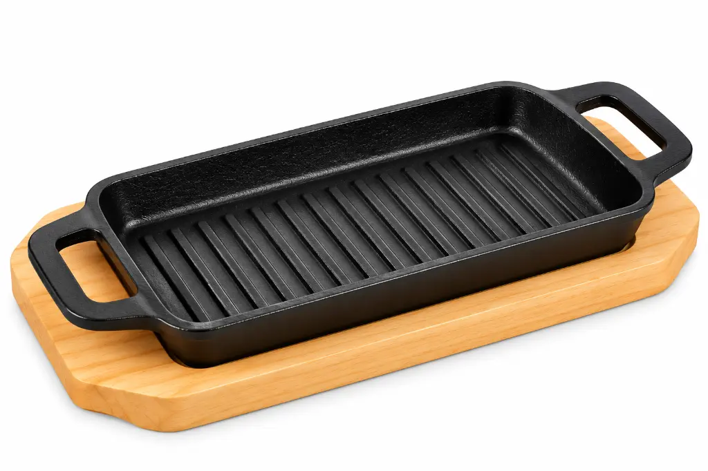 Sizzling Dish 22x13x3cm Rectangular with Handles Cast Iron with Wooden Base