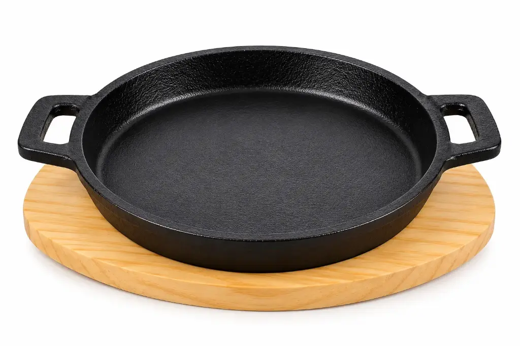 Sizzling Dish 17x3cm Round with Handles Cast Iron with Wooden Base