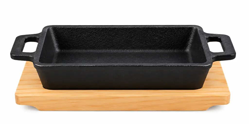 Sizzling Dish 16x11x4cm Rectangular with Handles Cast Iron with Wooden Base
