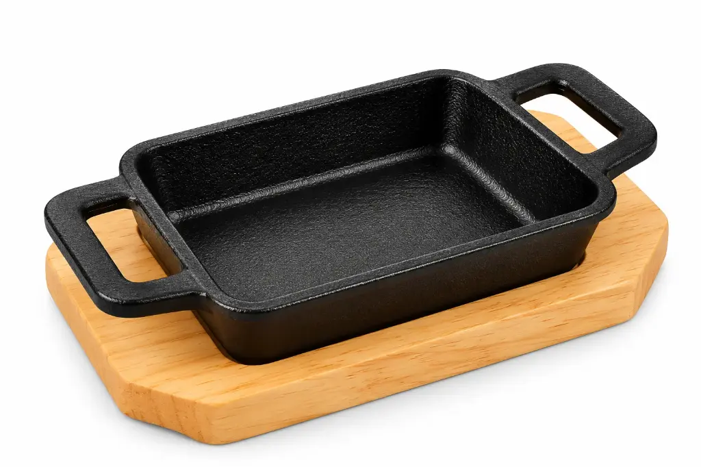 Sizzling Dish 12x10x3cm Rectangular with Handles Cast Iron with Wooden Base