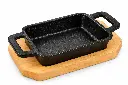 Sizzling Dish 12x10x3cm Rectangular with Handles Cast Iron with Wooden Base