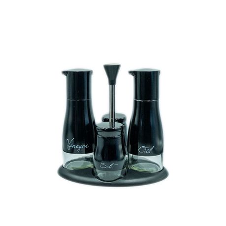 Cruet Set 4Pc On Stand S/P/O/V Glass With Metal Decal Ass Colours Rhw3126