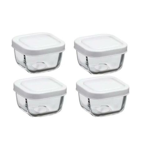 Glass Dish with Lid 4pc Set 275ml (9x9x5.5cm) White Lids Snowbox -  53223