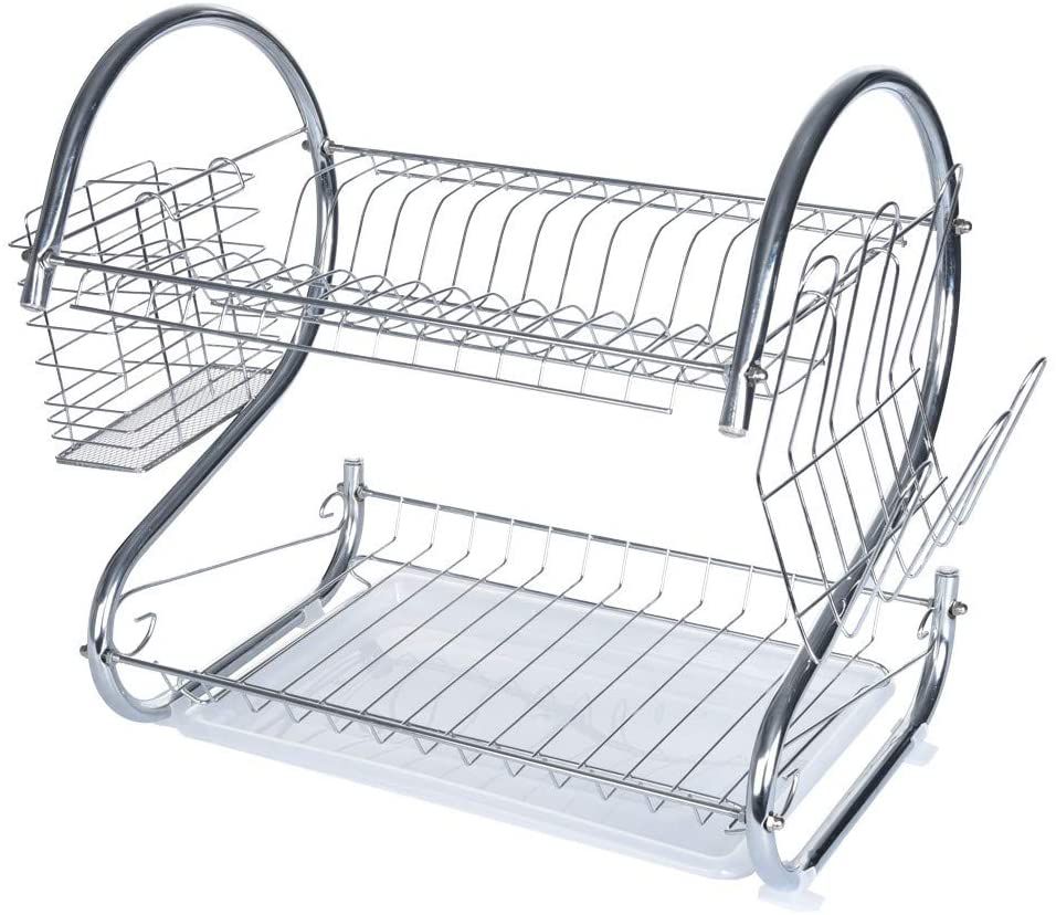 Dish Rack 40x40x25cm 2 Tier Steel With Cutlery Caddy