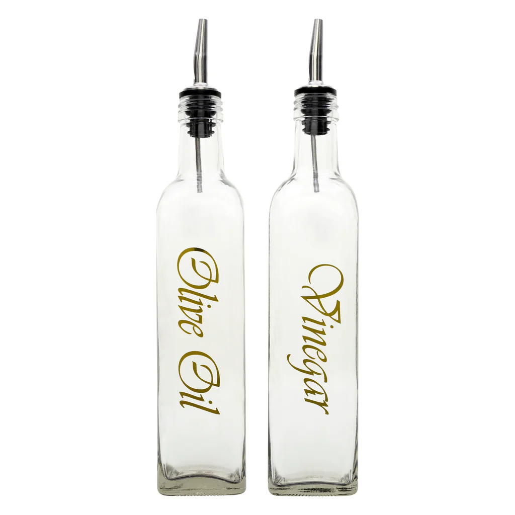 Oil & Vinegar 500ml 2pc Set Square Bottle With Gold Print and Pourer - 10334