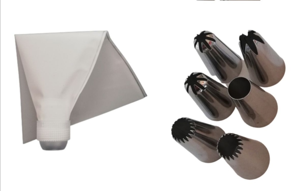 Cake Decorating Set 7Pc - Piping Bag And 6 Nozzles Stainless Steel - Bakers Prep FP-296