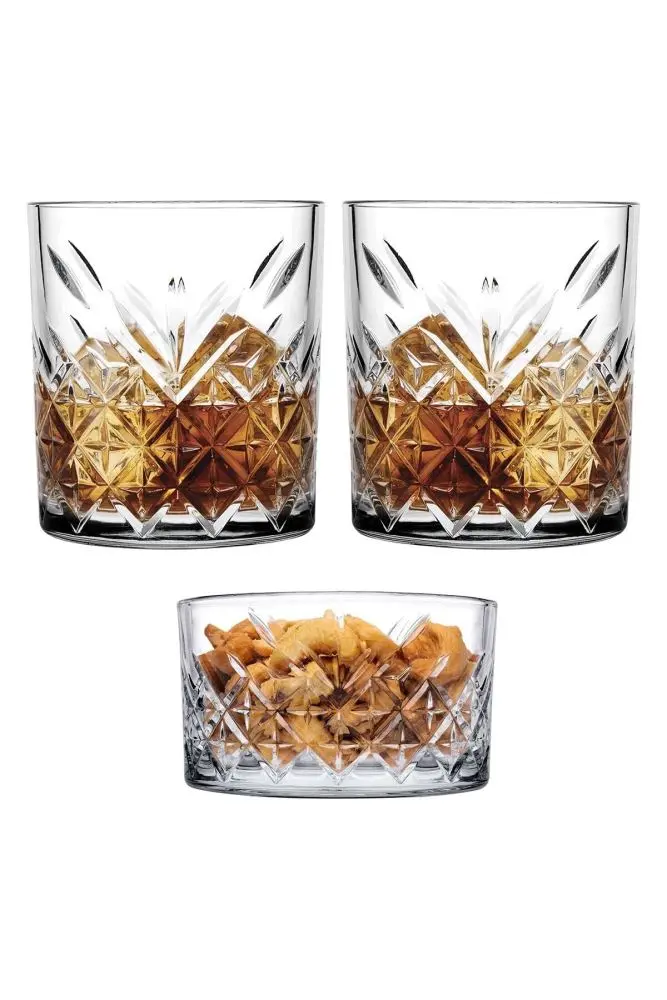 Whisky Glass (225ml) & Snack Bowl (345ml) 3pc Set Cut Glass - Timeless 96818