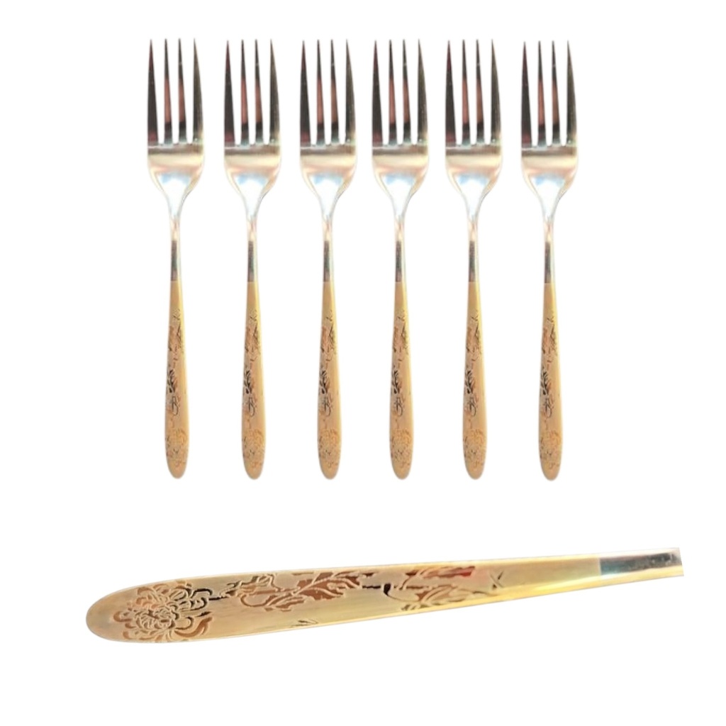 Table Fork 6Pc Stainless Steel With Gold Handles Floral Pattern Syds-097