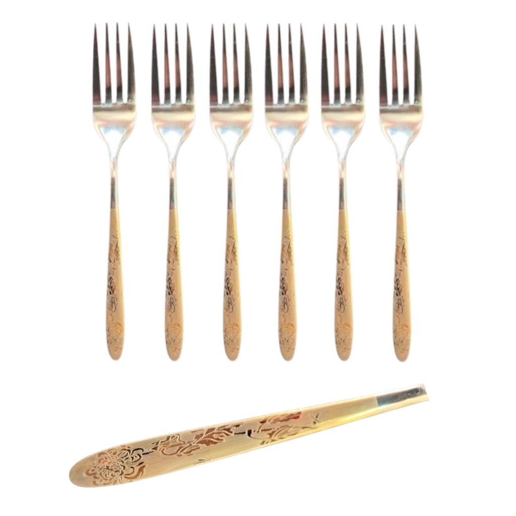 Cake Fork 6Pc Stainless Steel With Gold Handles Floral Pattern Syds-099