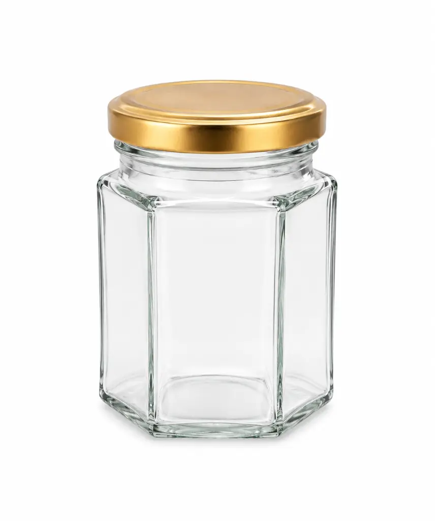 Glass Jar 200ml Hexagonal with Lid - JAR112