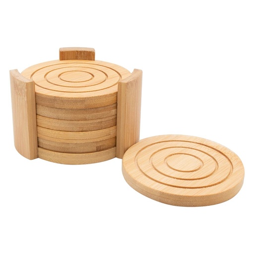 [AD26184] Coasters 10cm 6pc Bamboo Round With Holder - 30254