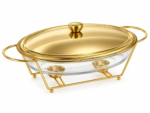 [AD26363] Chafing Dish 3L Oval Glass Gold Lid with Stand