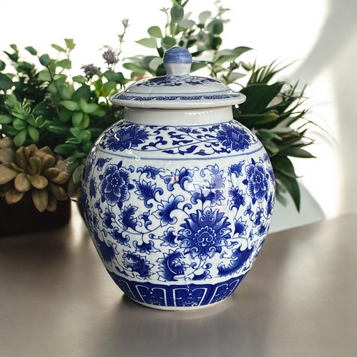 [AD26369] Jar 30x23cm Decor Ceramic With Lid Blue CH9333-17