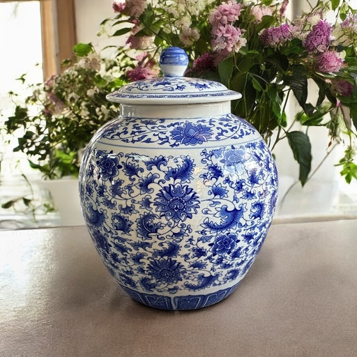 [AD26389] Ginger Jar 41x38cm Decor Ceramic With Lid Blue CH9333-19