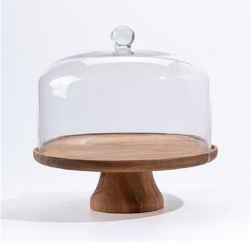 [MV1000] Cake Dome 30cm Glass With Acacia Wood Base MV1000