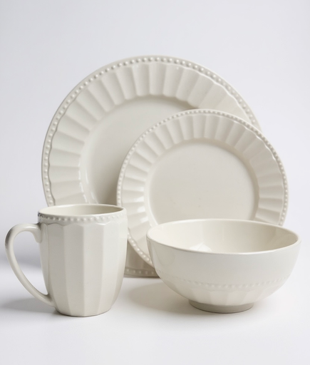 [RHD175] Dinner Set 16pc Stoneware White Embossed Border 002- RH