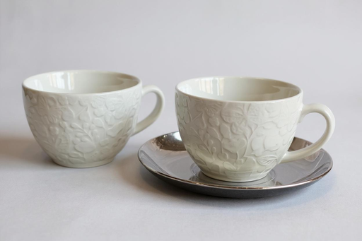 [DY1002] Cup & Saucer Set 12pc 250ml White with Silver Saucer - DY-1002 