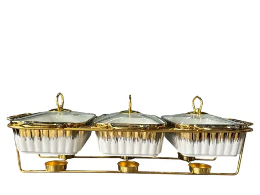 [RHD9341] Chafing Dish 3x1.5L Dishes With Warmer White Gold
