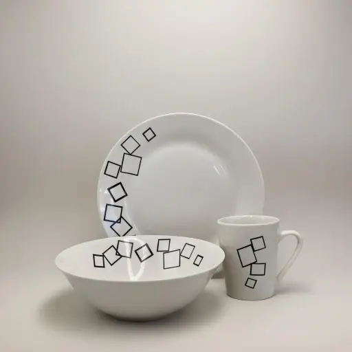 [RHD9391] Dinner Set 12pc Stoneware White Printed DS-12-G-1